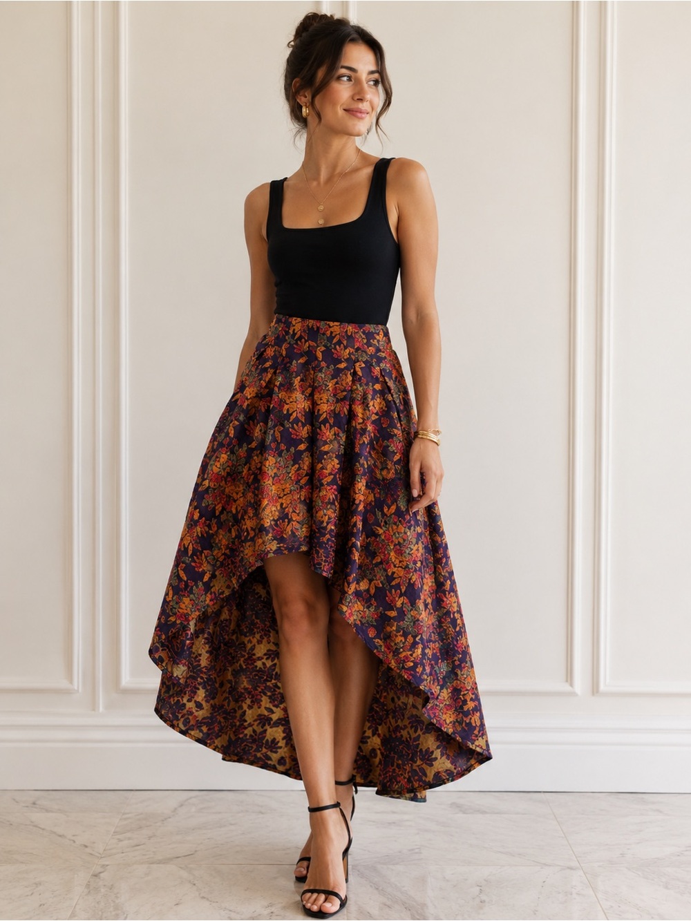 AKIRA Black and Multi-Color Floral High-Low Skirt